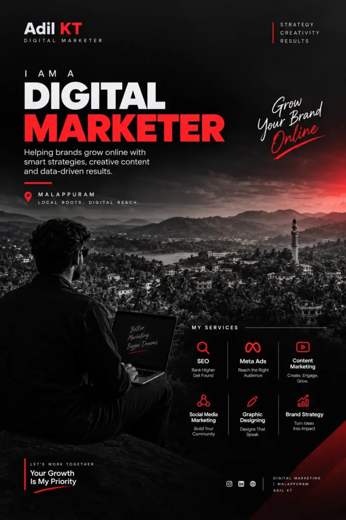 Adil KT digital marketer poster showcasing SEO, Meta Ads, content marketing, social media, and brand strategy in Malappuram.